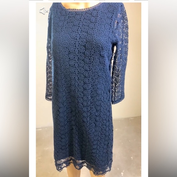 Massimo Dutti Crochet Lace Navy Blue Overlay 3/4 Sleeves Dress size M - Picture 3 of 17